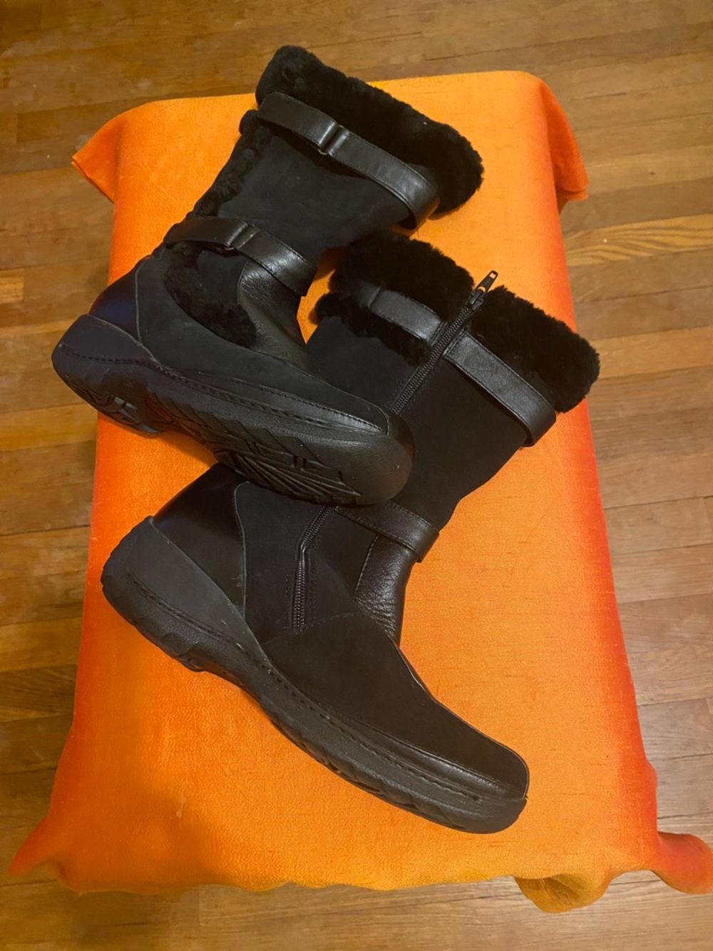 Women's Black Faux Fur Mid-Calf Winter Boots with Strap Detail
